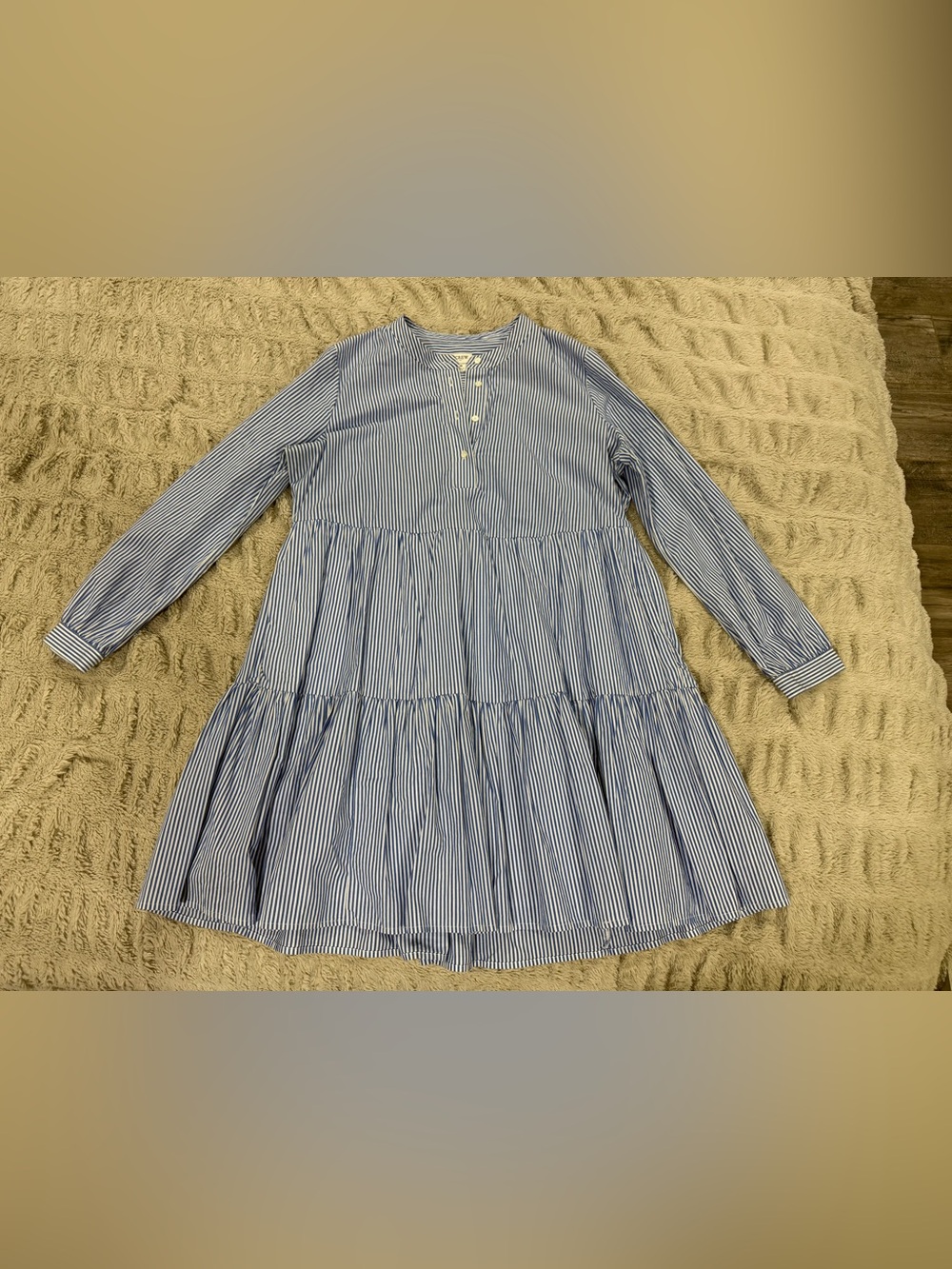 J. Crew Blue and White Striped Tiered Long-Sleeve Dress